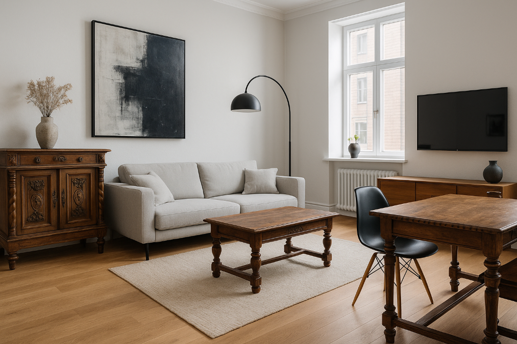 Séjour avec mélange de meubles anciens et modernes en décoration intérieure