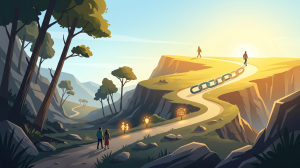 Une illustration conceptuelle montrant un chemin montant vers un soleil levant, symbolisant les solutions contre le surendettement, de l'accompagnement budgétaire à la restructuration financière.