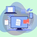 Une illustration plate montrant des ordinateurs, des smartphones et des documents connectés par des flèches, symbolisant le flux de facturation électronique pour LMNP.