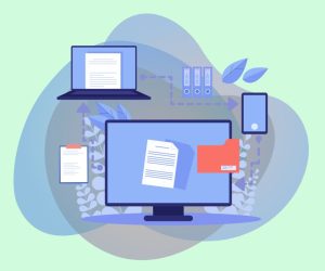 Une illustration plate montrant des ordinateurs, des smartphones et des documents connectés par des flèches, symbolisant le flux de facturation électronique pour LMNP.
