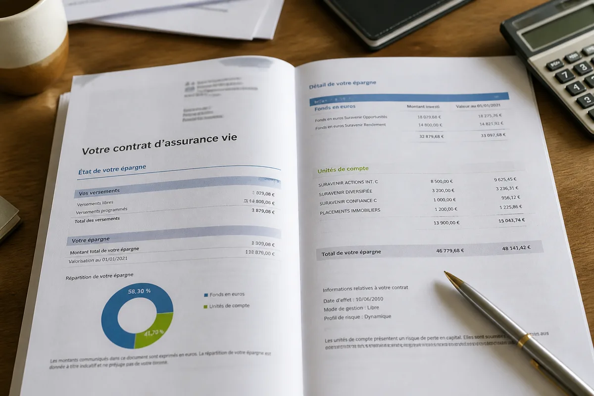 Contrat d’assurance vie avec relevé distinguant fonds en euros et unités de compte