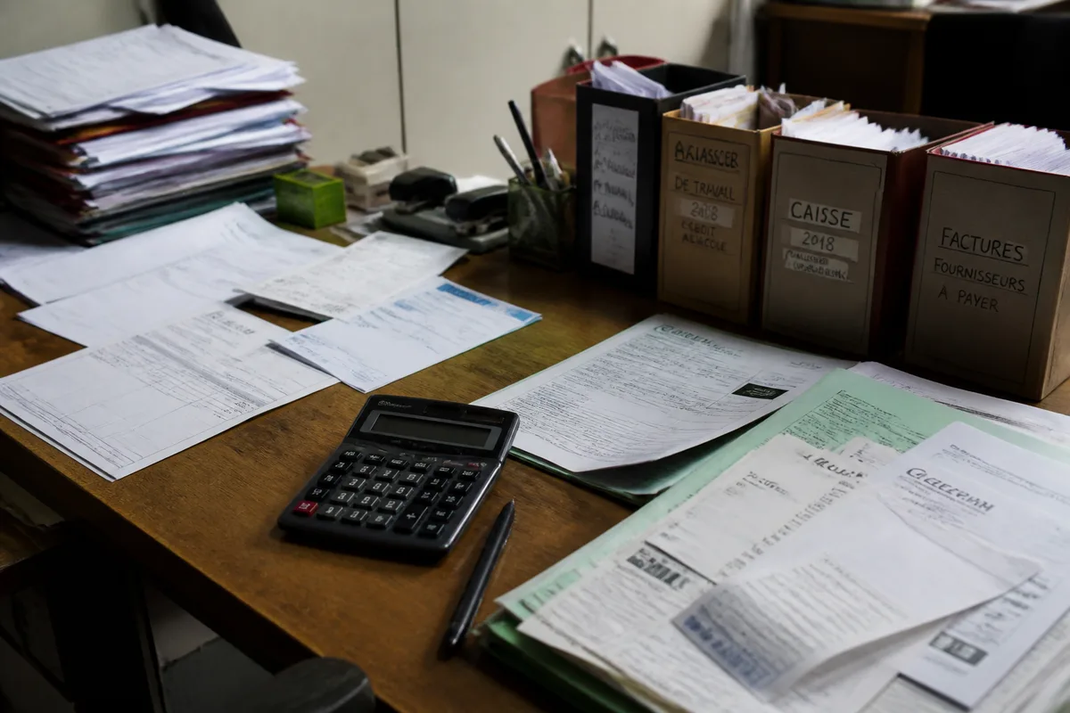 Classement de documents comptables d’une petite entreprise avec factures, relevés bancaires et justificatifs