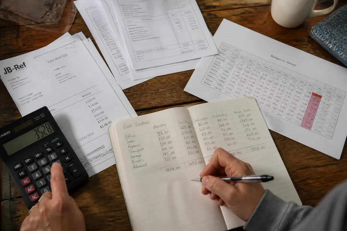 Documents de suivi des coûts, factures et tableau de bord de contrôle de gestion sur un bureau