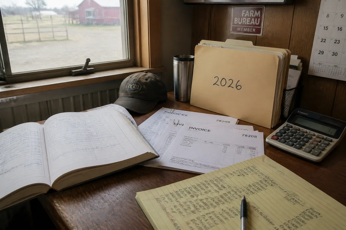 Organisation d'une comptabilité agricole avec registre, factures et dossiers de classement dans un bureau d'exploitation