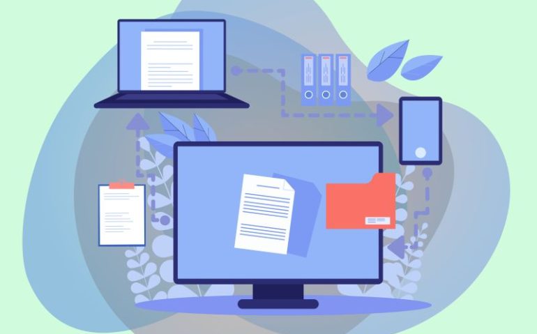 Une illustration plate montrant des ordinateurs, des smartphones et des documents connectés par des flèches, symbolisant le flux de facturation électronique pour LMNP.
