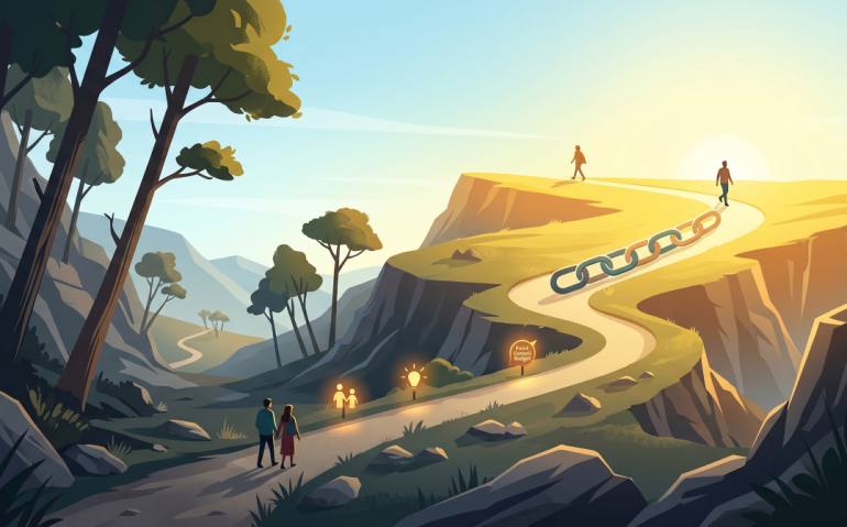 Une illustration conceptuelle montrant un chemin montant vers un soleil levant, symbolisant les solutions contre le surendettement, de l'accompagnement budgétaire à la restructuration financière.